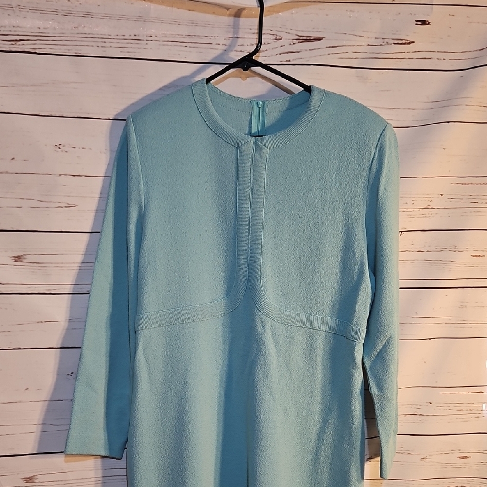 Vintage CastleBerry Aqua Blue Knit Dress Long Sleeve Mod Style Classic Fitted,14